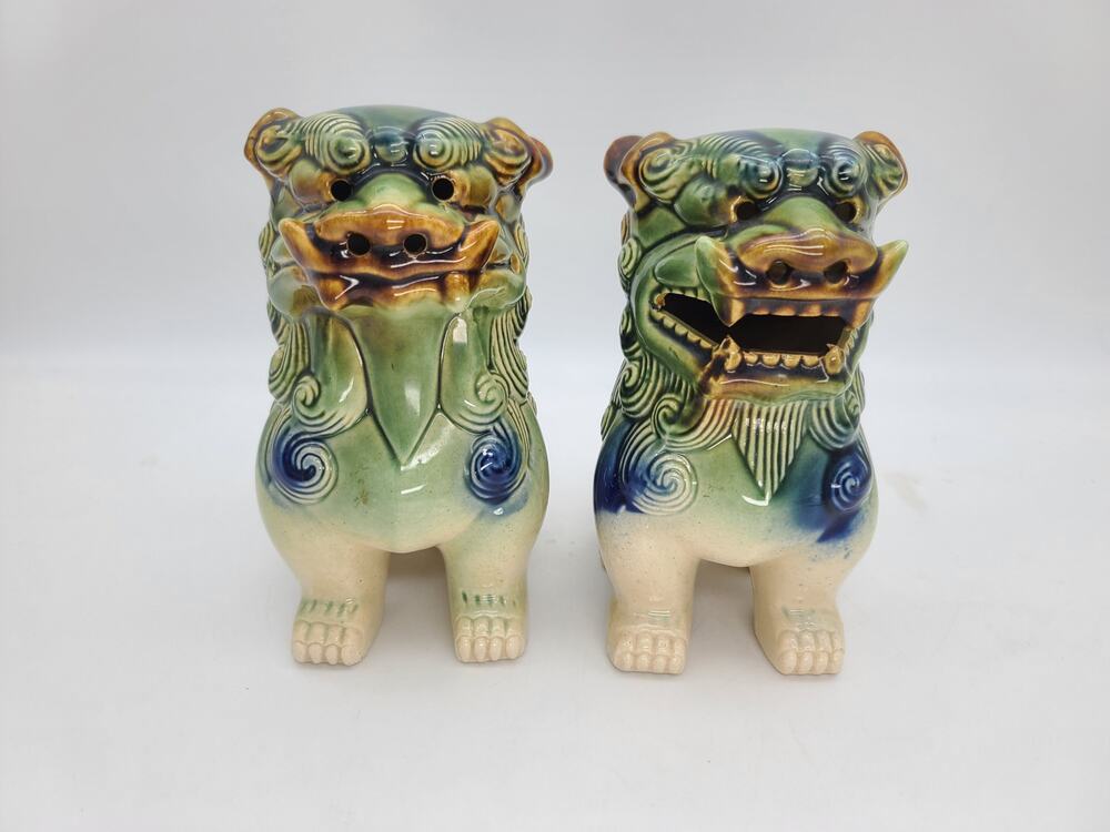 Pair of Vintage Ceramic Foo Dogs Glazed Asian Guardian Lion Blue/Green 6" T